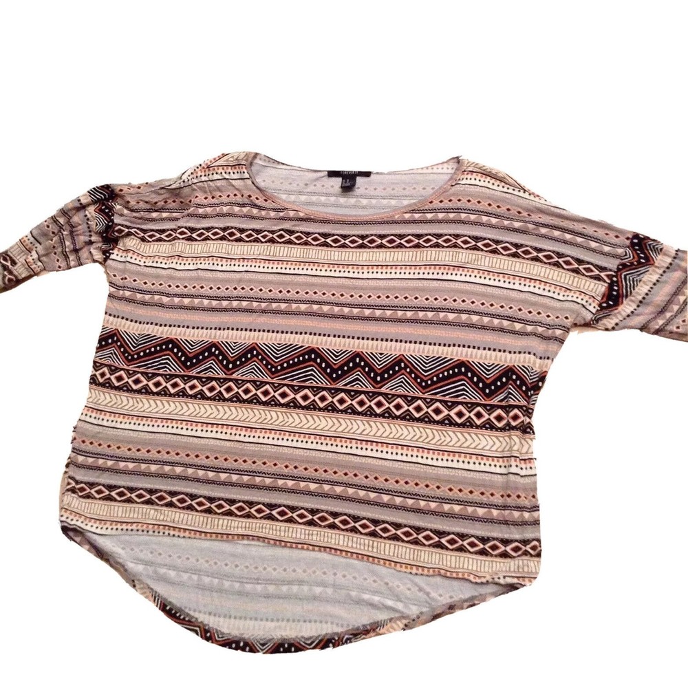 Forever 21 Womens Medium Tribal Geometric Print Dolman Sleeve High Low Top Brown